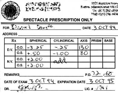 Eyeglasses Sample Prescription