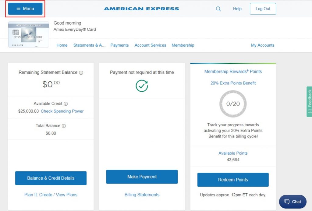 AmEx Menu