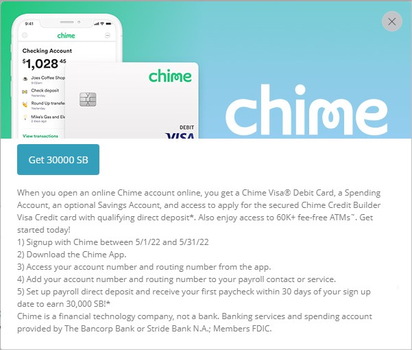 Swagbucks Chime Bonus Offer Screenshot