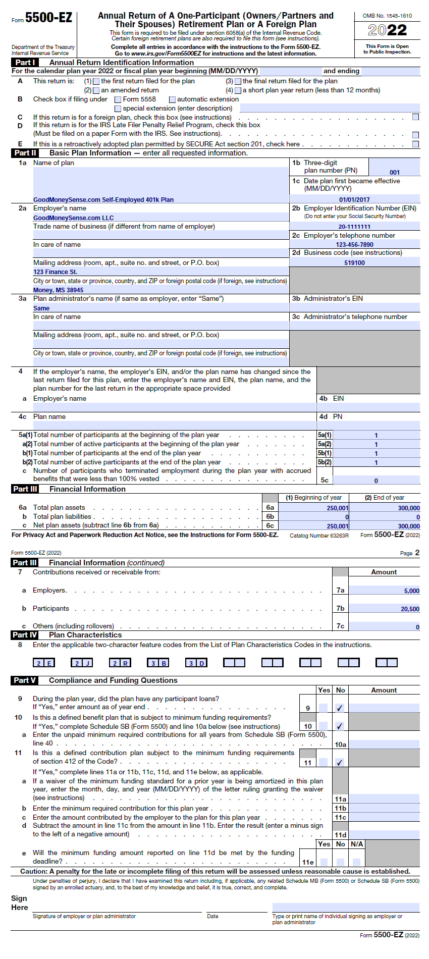 Good Money Sense Sample 2022 Form 5500EZ