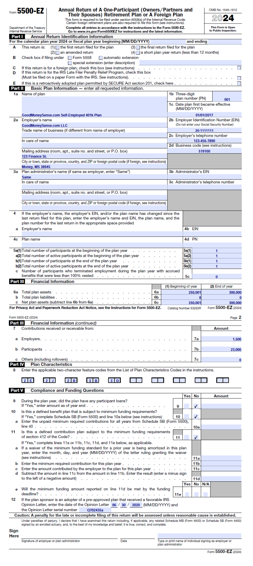 Sample 2024 Form 5500 EZ